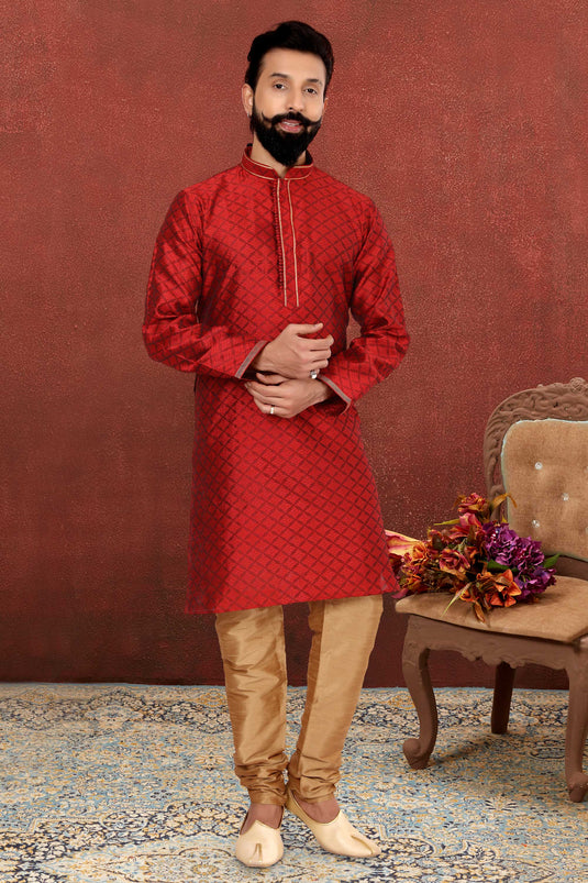 Red Color Gorgeous Fancy Fabric Readymade Kurta Pyjama For Men