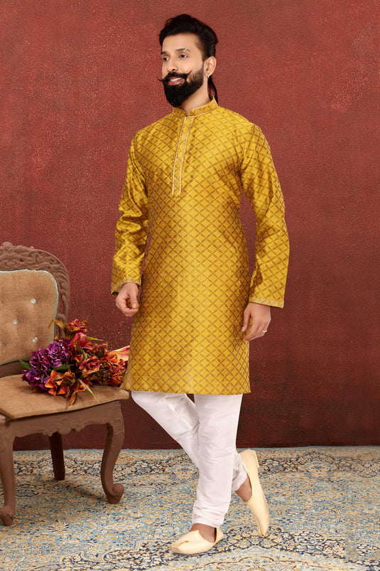 Mustard Color Readymade Glamorous Kurta Pyjama For Men In Fancy Fabric