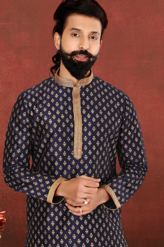 Navy Blue Color Readymade Dhupion Silk Fabric Kurta Pyjama For Men