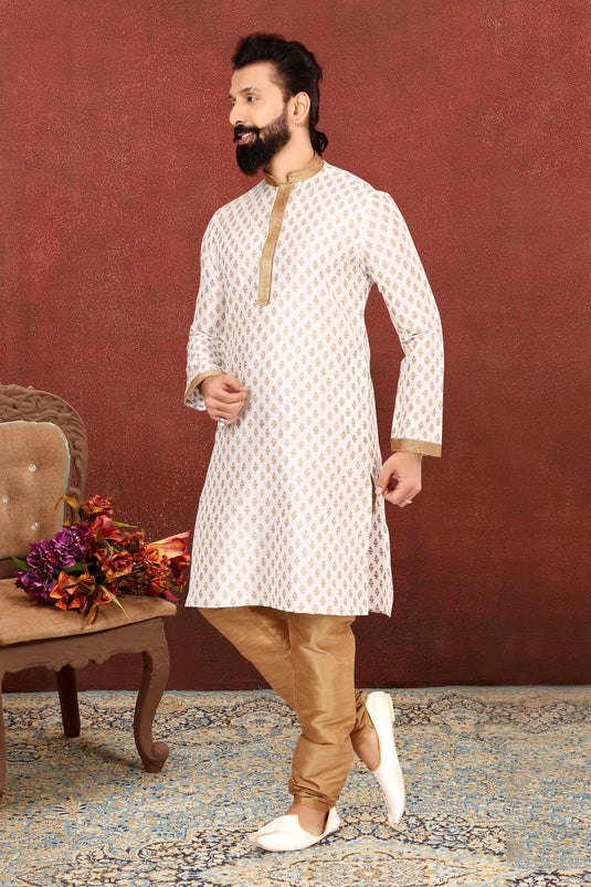 Dhupion Silk Fabric Readymade Off White Color Kurta Pyjama For Men