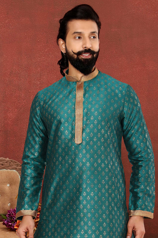 Teal Color Readymade Kurta Pyjama For Men In Dhupion Silk Fabric