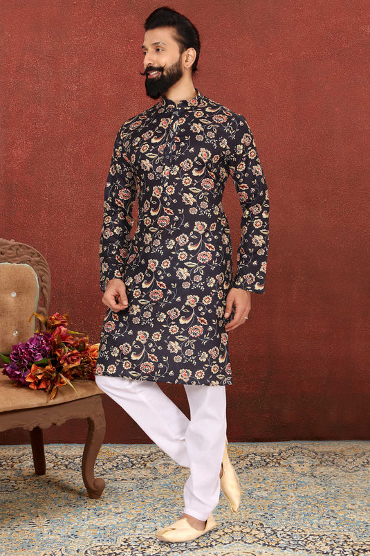 Cotton Fabric Black Color Trendy Readymade Men Kurta Pyjama