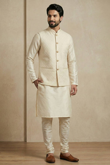 Beige Function Wear Dhupion Fabric Men Readymade Kurta Pyjama With Designer Jacket