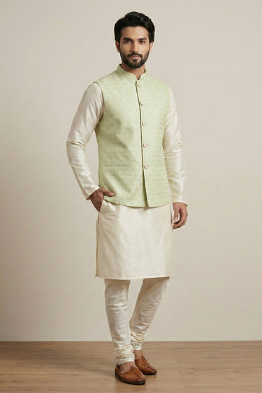 Beige Color Function Wear Dhupion Fabric Readymade Kurta Pyjama With Designer Jacket For Men
