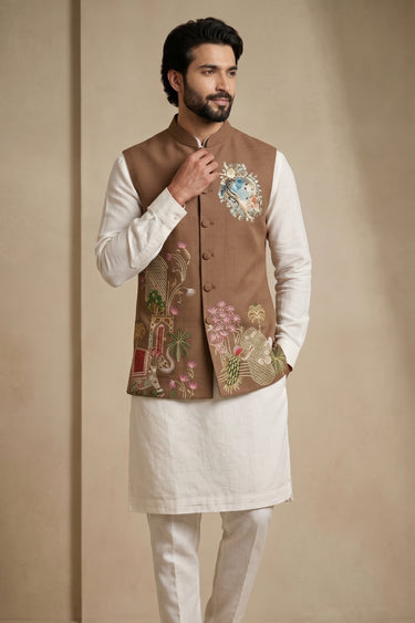 Brown Ethnic Wear Men Kurta Set With Artistic Thread Work Jacket