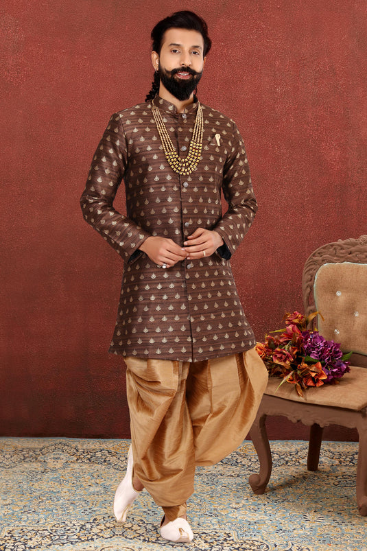 Jacquard Silk Fabric Brown Color Festive Wear Readymade Men Stylish Indo Western