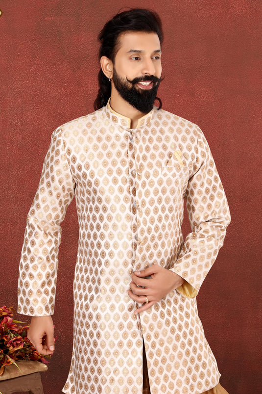 Jacquard Silk Beige Color Wedding Wear Readymade Designer Men Indo Western