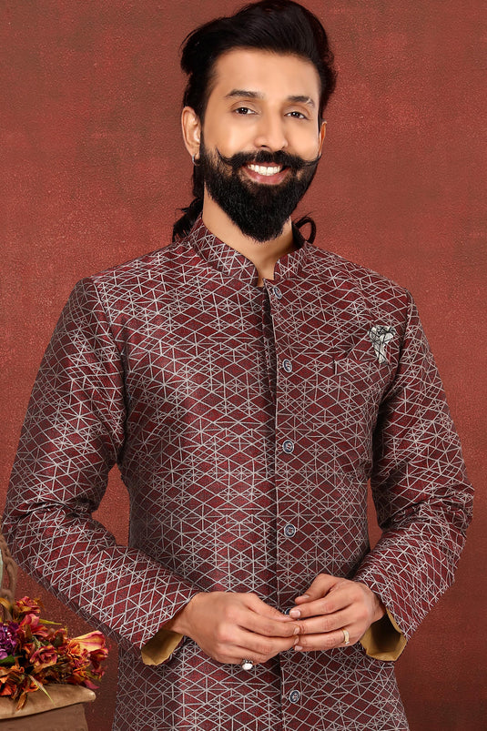 Jacquard Silk Maroon Wedding Wear Readymade Glamorous Indo Western For Men