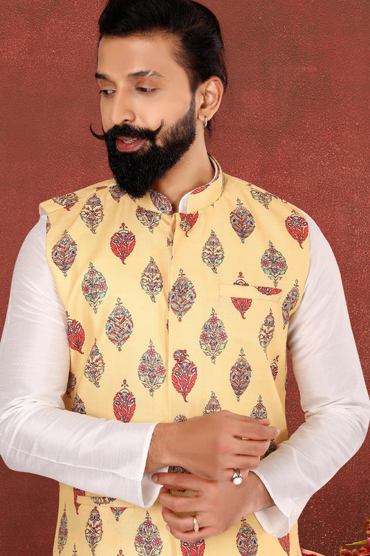 White Pretty Dhupion Silk Fabric Sangeet Wear Readymade Men Kurta Pyjama With Jacket