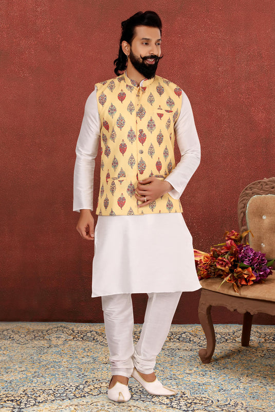 White Pretty Dhupion Silk Fabric Sangeet Wear Readymade Men Kurta Pyjama With Jacket