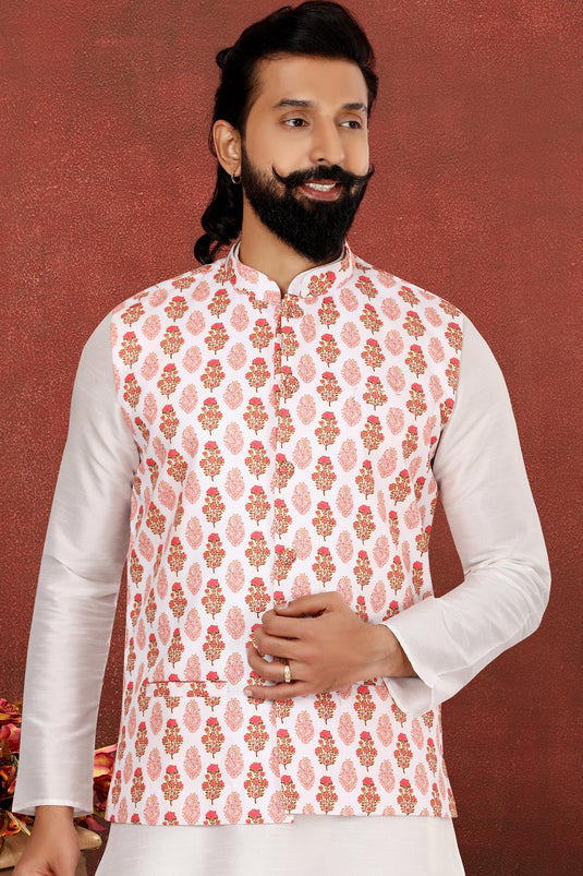 Dhupion Silk Beautiful White Color Wedding Wear Readymade Kurta Pyjama For Men With Jacket