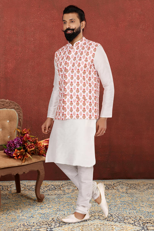 Dhupion Silk Beautiful White Color Wedding Wear Readymade Kurta Pyjama For Men With Jacket