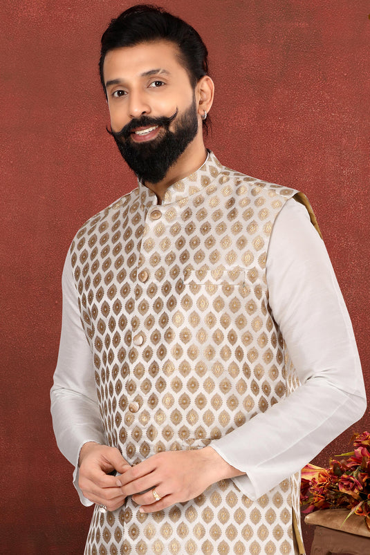 Dhupion Silk White Magnificent Readymade Men Kurta Pyjama With Jacket