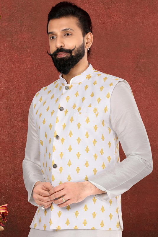 White Color Dhupion Silk Fabric Readymade Men Kurta Pyjama With Jacket