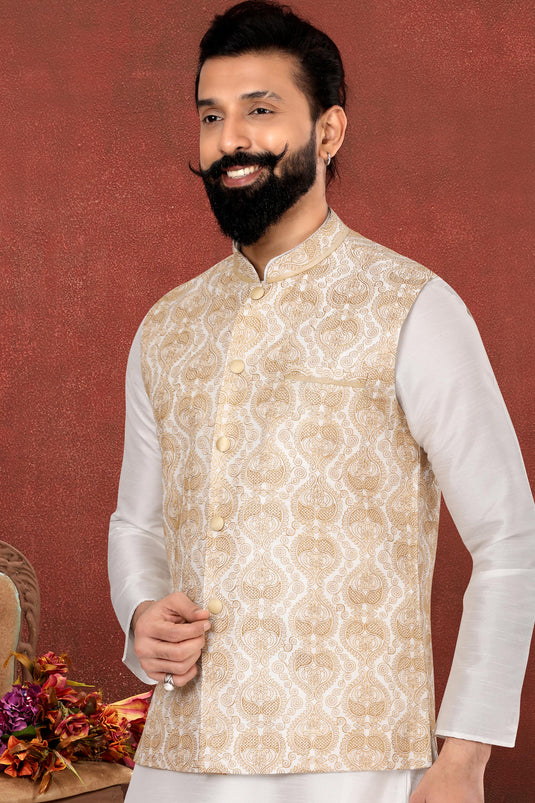 White Color Reception Wear Readymade Dhupion Silk Fabric Kurta Pyjama For Men With Jacket