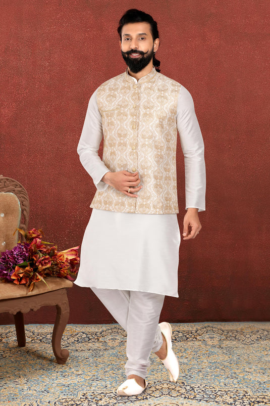 White Color Reception Wear Readymade Dhupion Silk Fabric Kurta Pyjama For Men With Jacket