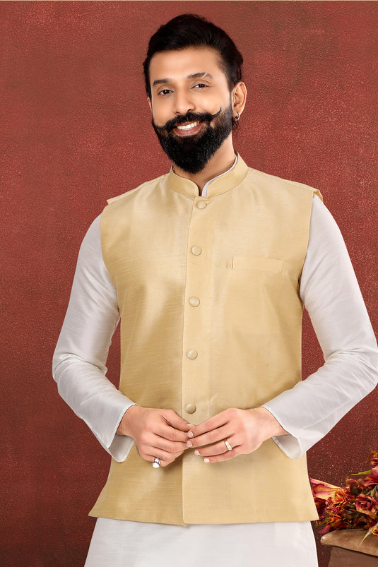 White Dhupion Silk Fabric Festive Wear Readymade Kurta Pyjama For Men With Jacket