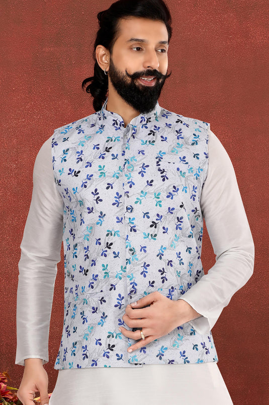 Dhupion Silk White Color Sangeet Wear Readymade Kurta Pyjama For Men With Jacket