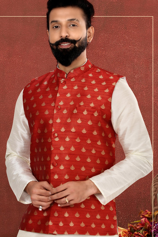 White Color Sangeet Wear Dhupion Silk Fabric Designer Readymade Kurta Pyjama For Men With Jacket