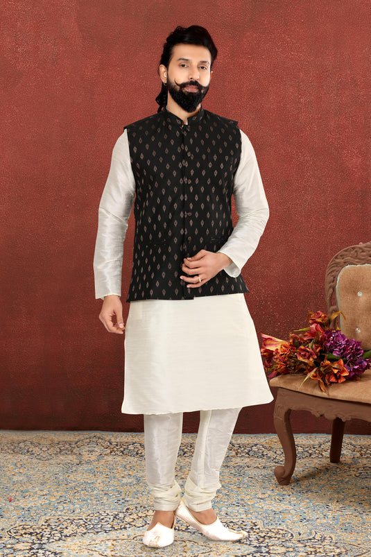 Fetching White Dhupion Silk Fabric Sangeet Wear Readymade Kurta Pyjama For Men With Jacket