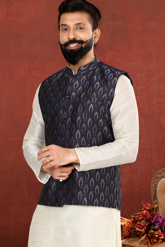 White Color Dhupion Silk Fabric Reception Wear Striking Readymade Kurta Pyjama For Men With Jacket