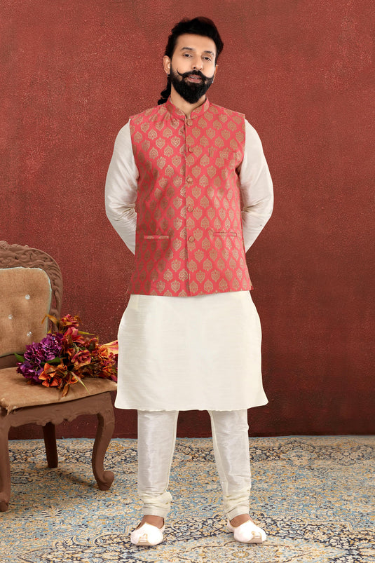 White Stunning Dhupion Silk Fabric Function Wear Readymade Kurta Pyjama For Men With Jacket