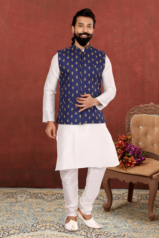 Dhupion Silk Lovely White Color Festive Wear Readymade Kurta Pyjama For Men With Jacket