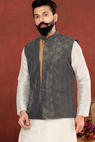 White Color Beautiful Dhupion Silk Fabric Wedding Wear Readymade Kurta Pyjama For Men With Jacket