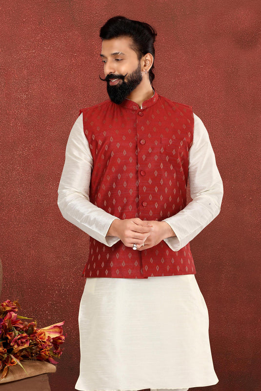 Cotton Silk Fabric Festive Wear Readymade Lovely Maroon Color Jacket For Men