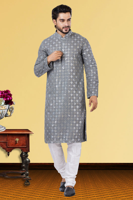 Georgette Fabric Grey Readymade Men Stylish Kurta Pyjama