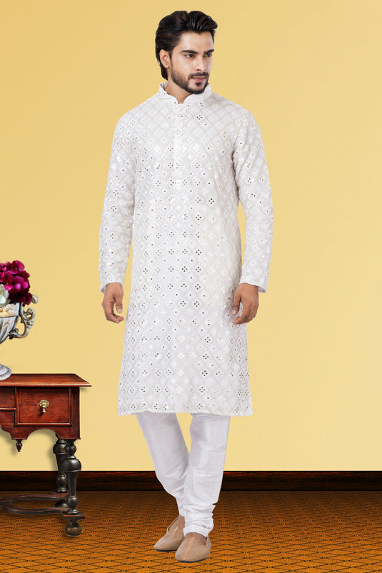 White Readymade Lovely Kurta Pyjama For Men