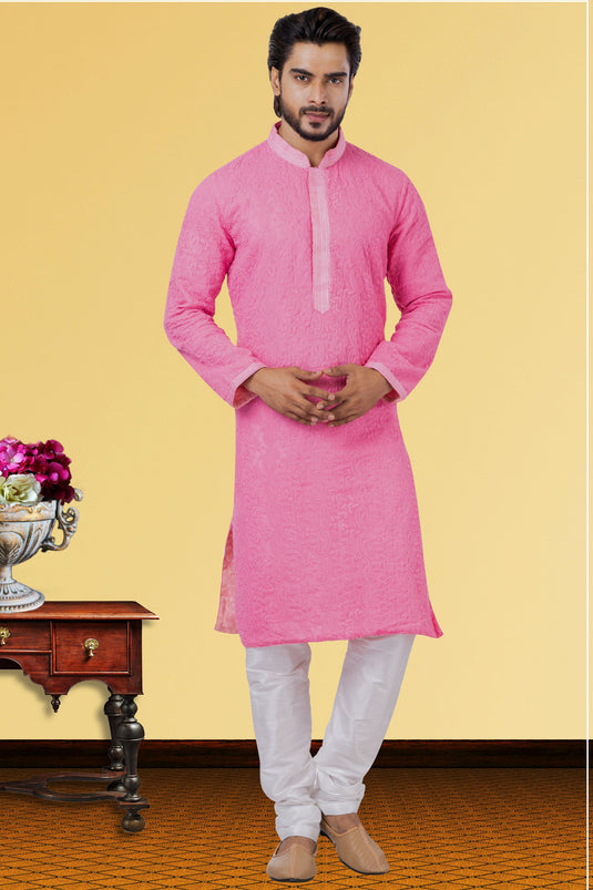 Pink Georgette Fabric Readymade Kurta Pyjama For Men