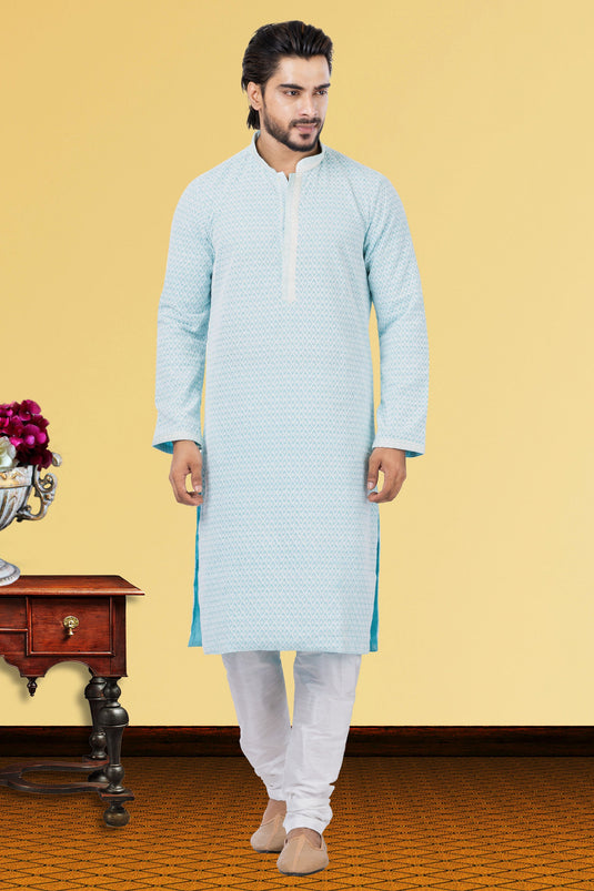 Georgette Fabric Light Cyan Trendy Readymade Men Kurta Pyjama