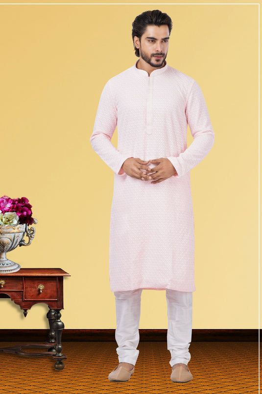 Pink Engaging Georgette Fabric Readymade Kurta Pyjama For Men