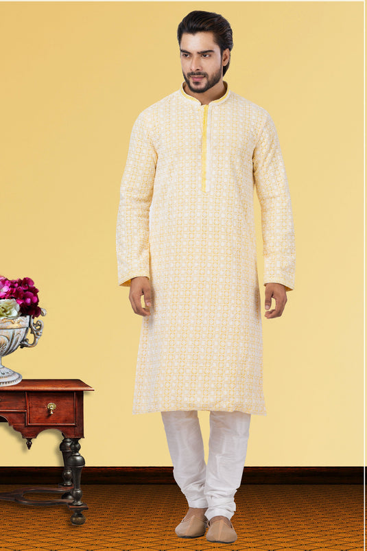 Yellow Georgette Fabric Readymade Kurta Pyjama For Men