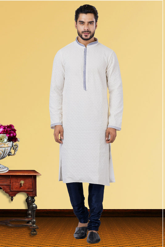 White Gorgeous Georgette Fabric Readymade Kurta Pyjama For Men