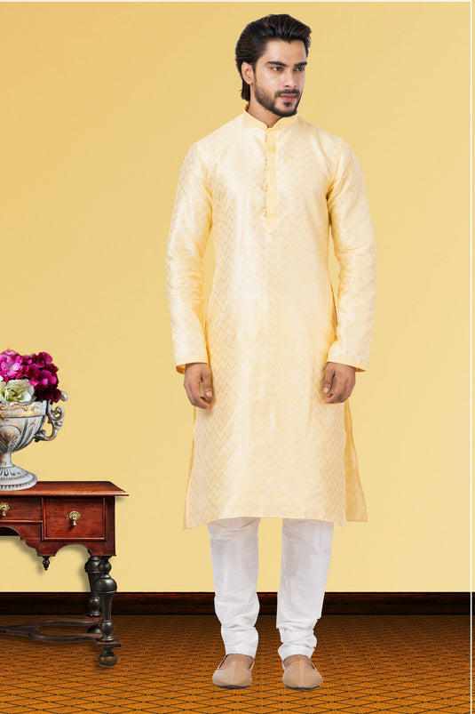 Cream Linen Silk Fabric Function Wear Readymade Kurta Pyjama For Men