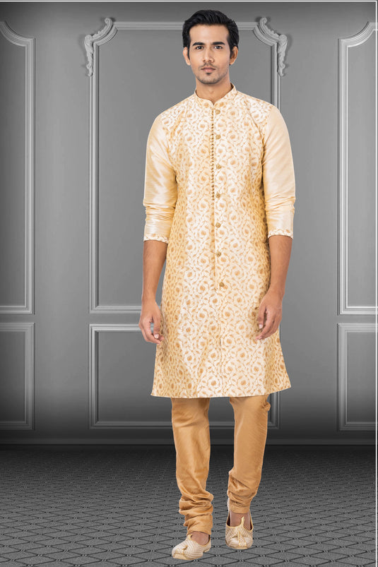 Beige Reception Wear Readymade Dhupion Fabric Kurta Pyjama For Men