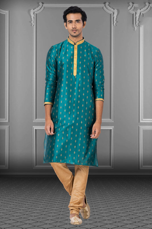 Teal Gorgeous Dhupion Fabric Wedding Wear Readymade Kurta Pyjama For Men