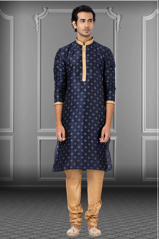 Navy Blue Festive Wear Readymade Kurta Pyjama For Men