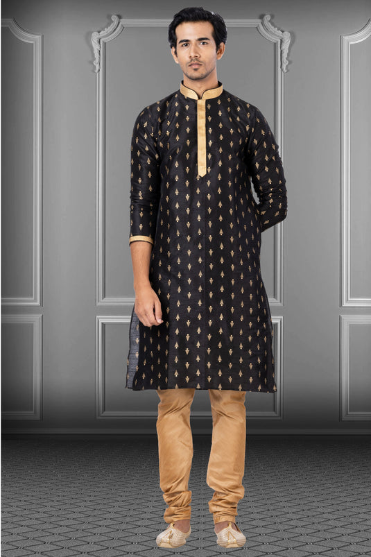 Black Dhupion Fabric Sangeet Wear Trendy Readymade Kurta Pyjama For Men