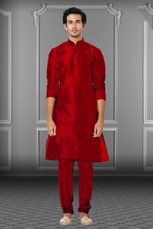 Red Dhupion Fabric Reception Wear Striking Kurta Pyjama For Men