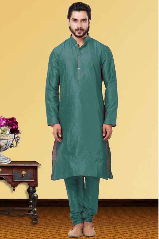 Reception Wear Attractive Kurta Pyjama For Men In Teal Dhupion Fabric