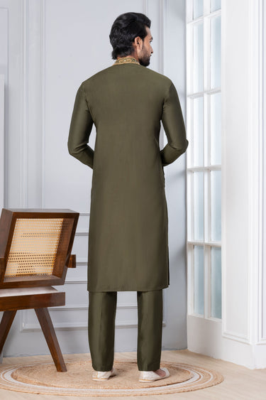 Cotton Mahendi Green Sangeet Wear Readymade Designer Men Kurta Pyjama