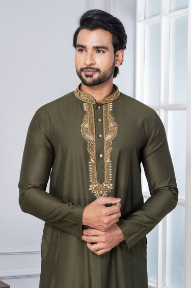 Cotton Mahendi Green Sangeet Wear Readymade Designer Men Kurta Pyjama