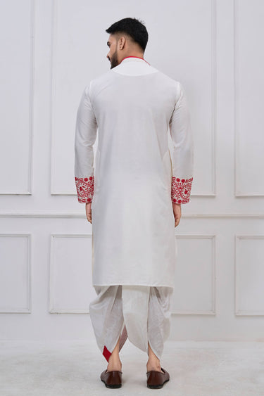 White Festive Wear Viscose Embroidered Readymade Bengali Style Kurta With Dhoti For Men