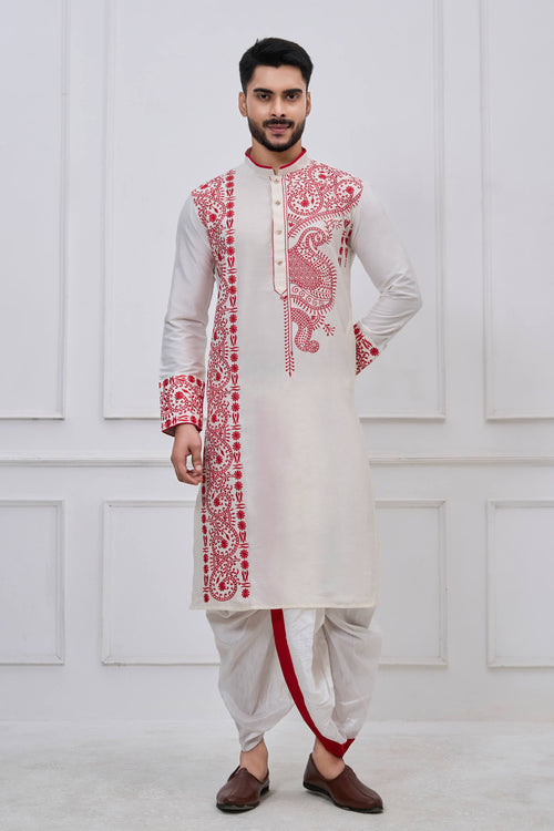 White Festive Wear Viscose Embroidered Readymade Bengali Style Kurta With Dhoti For Men