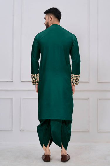 Viscose Embroidered Teal Festive Wear Readymade Bengali Style Kurta With Dhoti For Men
