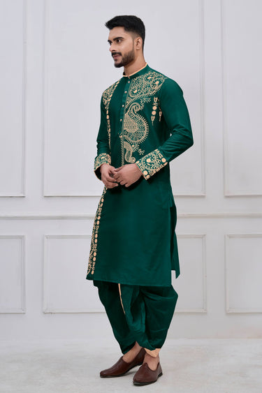 Viscose Embroidered Teal Festive Wear Readymade Bengali Style Kurta With Dhoti For Men