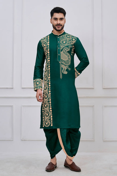Viscose Embroidered Teal Festive Wear Readymade Bengali Style Kurta With Dhoti For Men